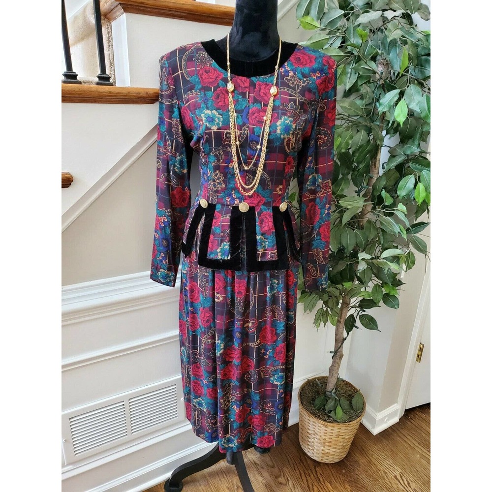 M.H.M. Vintage Multicolor Rayon Long Sleeve Round Neck Knee Length Dress Size 10